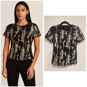 BCBGMAXAZRIA Black Gold Sequin Short Sleeve Top XS Holiday Party Look